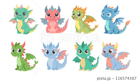 Set of cute cartoon baby dragons. Little dragons or cute dinosaur characters. Fairytale monsters. Stickers, icons, print 116574387