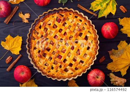 Homemade autumn apple pie . Traditional Thanksgiving day dessert Homemade autumn apple pie . Traditional Thanksgiving day dessert 116574492