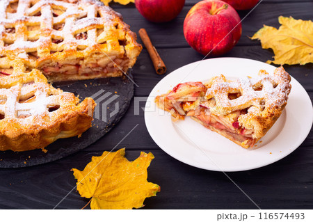 Homemade autumn apple pie . Traditional Thanksgiving day dessert Homemade autumn apple pie . Traditional Thanksgiving day dessert 116574493