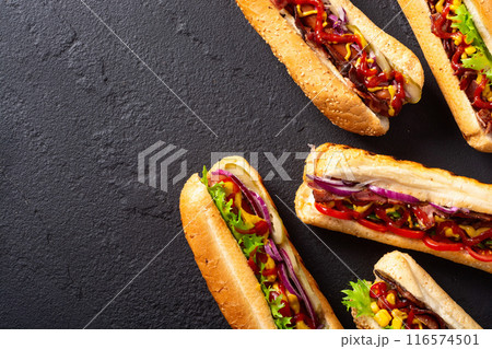 Hot dog . Traditional american fast food . 116574501