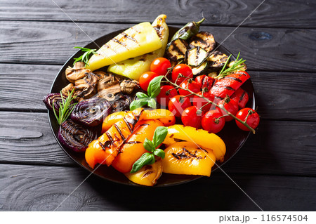 Colorful grilled vegetables on a pan barbecue 116574504