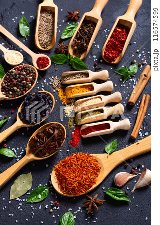 Mix of spices . Indian food background 116574599