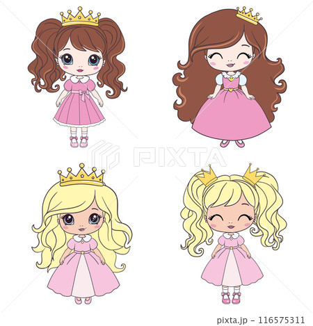 Cute princess girls in a dress with a crown. Vector set of illustrations of princesses. Girly vector collection. 116575311