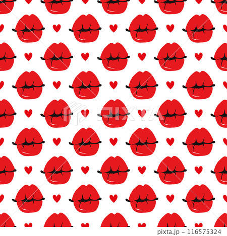 Red pink makeup woman lips shapes background Valentine's Day kiss seamless pattern Flat graphic girl mouth backdrop Romantic feminine design. 116575324