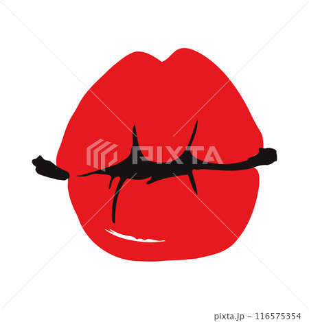 Cartoon red glossy female lips. lip line drawing. Woman gloss lipstick pattern. Flat vector icon. Cartoon red glossy female lips. lip line drawing. Woman gloss lipstick pattern. Flat vector icon. 116575354