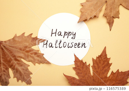 Colorful autumn leaves with inscription Happy halloween on beige background. 116575389