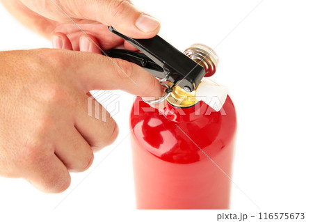 Man holding fire extinguisher isolated over white background, with clipping path. Man holding fire extinguisher isolated over white background, with clipping path. 116575673