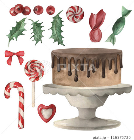 Cake holly lollipops, a bow candy, Christmas sweets, delightful watercolor illustrations by hand on a white background. For design festive package of Christmas invitations, card for the New Year 2025. Cake holly lollipops, a bow candy, Christmas sweets, delightful watercolor illustrations by hand on a white background. For design festive package of Christmas invitations, card for the New Year 2025. 116575720