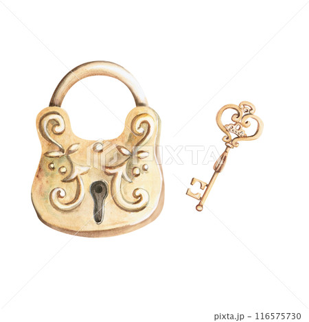 Padlock and key in a set in watercolor illustration. Hand drawn watercolor for cards, posters, cosmetics, celebration decoration. Composition isolated from background. Padlock and key in a set in watercolor illustration. Hand drawn watercolor for cards, posters, cosmetics, celebration decoration. Composition isolated from background. 116575730