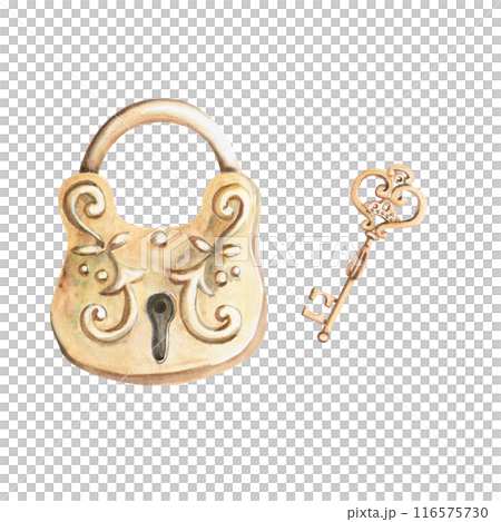 Padlock and key in a set in watercolor illustration. Hand drawn watercolor for cards, posters, cosmetics, celebration decoration. Composition isolated from background. 116575730