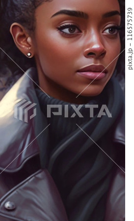 Beautiful young african woman wearing coat walking outdoors at the park, carrying backpack 116575739