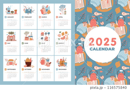 Cute and cozy 2025 calendar template with hand drawn four seasons elements. Week starting on Sunday. Ready to print. Cute vector illustrations in flat hand drawn style. 116575840