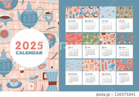 2025 calendar template set with 12 months pages and cover. Paper sheets with colorful cozy seasons elements patterns in flat hand drawn style. Week starts on Sunday. Vector 116575841