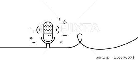 Microphone line icon. Continuous one line with curl. Studio mic sign. Voice record device symbol. Microphone single outline ribbon. Loop curve pattern. Vector 116576071