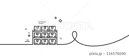 Boxes shelf line icon. Continuous one line with curl. Warehouse inventory sign. Logistic wholesale goods symbol. Boxes shelf single outline ribbon. Loop curve pattern. Vector 116576090