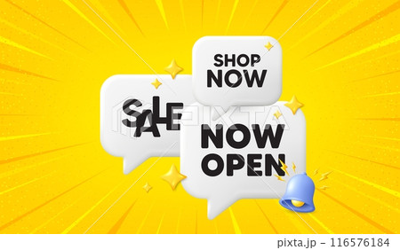 Now open tag. 3d offer chat speech bubbles. Promotion new business sign. Welcome advertising symbol. Now open speech bubble 3d message. Talk box banner with bell. Vector Now open tag. 3d offer chat speech bubbles. Promotion new business sign. Welcome advertising symbol. Now open speech bubble 3d message. Talk box banner with bell. Vector 116576184