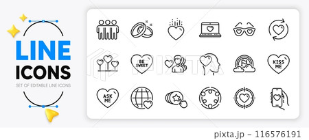 Wedding rings, Friend and Inclusion line icons set for app include Man love, Friendship, Hold heart outline thin icon. Love heart, Be sweet, Valentine target pictogram icon. Vector 116576191