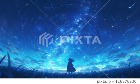 Young woman swirling cosmic vortex stars anime-style illustration dusk Young woman swirling cosmic vortex stars anime-style illustration dusk 116576230
