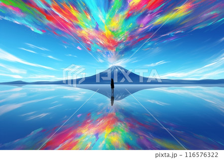 Illustration person rainbow colorful explosion from volcano reflective lake 116576322