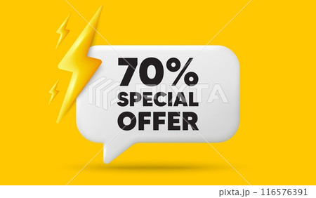 70 percent discount offer tag. 3d speech bubble banner with power energy. Sale price promo sign. Special offer symbol. Discount chat speech message. 3d offer talk box. Vector 70 percent discount offer tag. 3d speech bubble banner with power energy. Sale price promo sign. Special offer symbol. Discount chat speech message. 3d offer talk box. Vector 116576391
