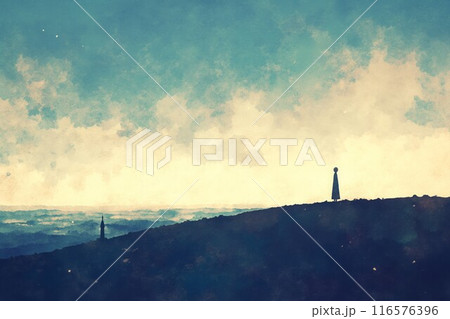 Watercolor painting lone figure standing on hilltop church sky solitude distance 116576396