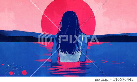 Woman immersed in water red sun setting calm lake anime style illustration 116576443