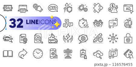 Outline set of Seo phone, Cogwheel and Cloud computing line icons for web with Password encryption, Share, Deflation thin icon. Improving safety, Ad, Security lock pictogram icon. Vector 116576455
