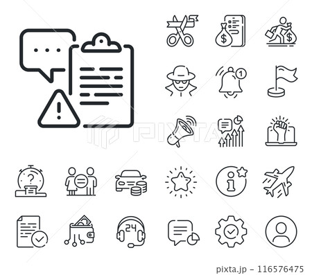 Attention task sign. Salaryman, gender equality and alert bell outline icons. Clipboard document line icon. Survey caution symbol. Clipboard line sign. Spy or profile placeholder icon. Vector 116576475