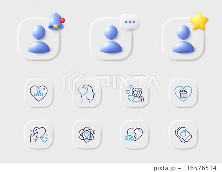 Be sweet, Couple and Divorce lawyer line icons. Placeholder with 3d star, reminder bell, chat. Pack of Friend, Hold heart, Romantic gift icon. Atom, Love ticket pictogram. Vector Be sweet, Couple and Divorce lawyer line icons. Placeholder with 3d star, reminder bell, chat. Pack of Friend, Hold heart, Romantic gift icon. Atom, Love ticket pictogram. Vector 116576514