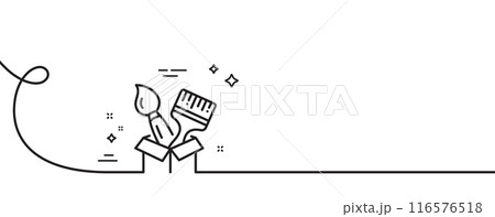 Paint brush line icon. Continuous one line with curl. Wall paintbrush box sign. Creative drawing art symbol. Brush single outline ribbon. Loop curve pattern. Vector 116576518