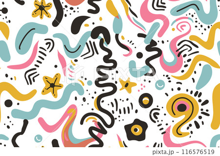 Wavy Swirl Trippy seamless pattern. Geometric bright color funky groovy 90s cartoon isolated print pattern. Vector illustration on white background 116576519