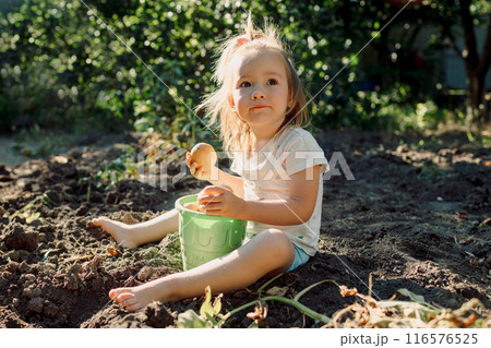 Child girl playing with potatoes in summer garden Child girl playing with potatoes in summer garden 116576525