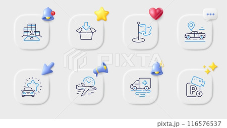 Parking security, Ambulance transport and Car review line icons. Buttons with 3d bell, chat speech, cursor. Pack of Milestone, Flight time, Inventory icon. Get box, Car place pictogram. Vector Parking security, Ambulance transport and Car review line icons. Buttons with 3d bell, chat speech, cursor. Pack of Milestone, Flight time, Inventory icon. Get box, Car place pictogram. Vector 116576537