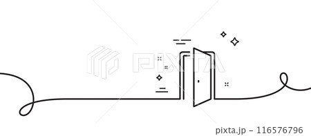 Open door line icon. Continuous one line with curl. Entrance doorway sign. Building entry symbol. Open door single outline ribbon. Loop curve pattern. Vector 116576796