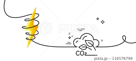 Co2 gas line icon. Continuous one line with curl. Carbon dioxide emissions sign. Exhaust reduction symbol. Co2 gas single outline ribbon. Loop curve with energy. Vector Co2 gas line icon. Continuous one line with curl. Carbon dioxide emissions sign. Exhaust reduction symbol. Co2 gas single outline ribbon. Loop curve with energy. Vector 116576799