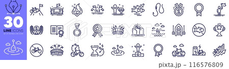 Cardio training, Swimming pool and Winner line icons pack. Arena, Fish school, Laureate award web icon. Medal, Empower, Hook pictogram. Diploma, Leadership, Ole chant. Winner ribbon. Vector Cardio training, Swimming pool and Winner line icons pack. Arena, Fish school, Laureate award web icon. Medal, Empower, Hook pictogram. Diploma, Leadership, Ole chant. Winner ribbon. Vector 116576809