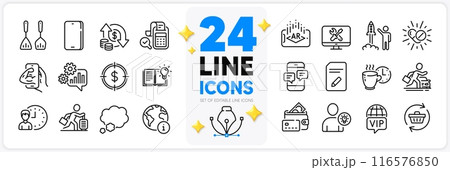 Icons set of Coffee break, User idea and Car rental line icons pack for app with Cogwheel, Phone messages, Change money thin outline icon. Phone, Fitness, Repair pictogram. Working hours. Vector 116576850