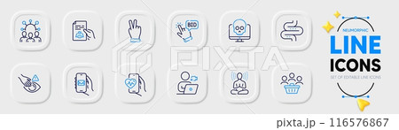 Technical documentation, Yoga and Bid offer line icons for web app. Pack of Squad, Cardio training, Dont touch pictogram icons. Mail app, Cyber attack, Video conference signs. Buyers. Vector Technical documentation, Yoga and Bid offer line icons for web app. Pack of Squad, Cardio training, Dont touch pictogram icons. Mail app, Cyber attack, Video conference signs. Buyers. Vector 116576867