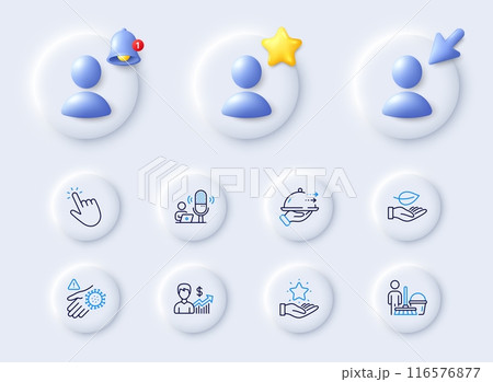 Wash hand, Cleaning and Food delivery line icons. Placeholder with 3d cursor, bell, star. Pack of Podcast, Leaf, Cursor icon. Business growth, Loyalty program pictogram. For web app, printing. Vector 116576877
