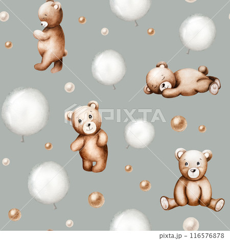 Seamless pattern with cute cartoon teddy bears, silver and brown foil balloons. Hand drawn watercolor baby illustration isolated on background. Lovely toy for baby and kids new born celebration Seamless pattern with cute cartoon teddy bears, silver and brown foil balloons. Hand drawn watercolor baby illustration isolated on background. Lovely toy for baby and kids new born celebration 116576878