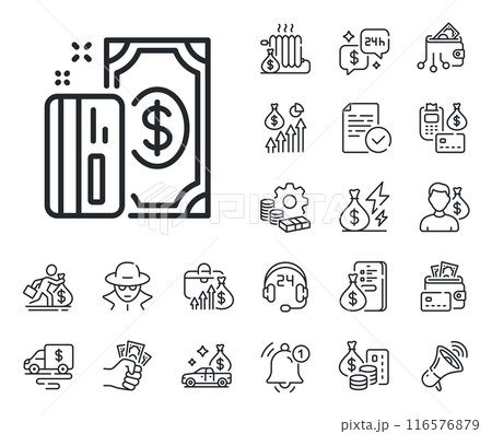 Payment methods sign. Cash money, loan and mortgage outline icons. Money line icon. Credit card symbol. Payment line sign. Credit card, crypto wallet icon. Inflation, job salary. Vector 116576879