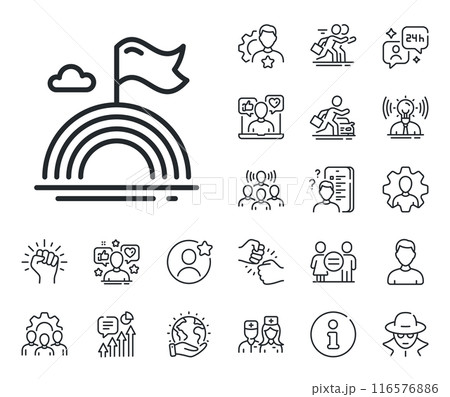 Pride flag with rainbow sign. Specialist, doctor and job competition outline icons. Lgbt line icon. Gender diversity symbol. Lgbt line sign. Avatar placeholder, spy headshot icon. Vector 116576886