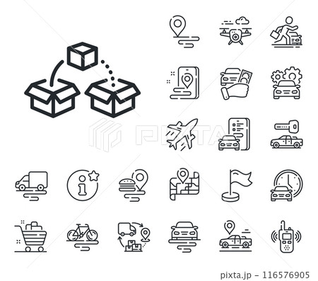 Delivery box sign. Plane, supply chain and place location outline icons. Parcel shipping line icon. Cargo package symbol. Parcel shipping line sign. Taxi transport, rent a bike icon. Vector Delivery box sign. Plane, supply chain and place location outline icons. Parcel shipping line icon. Cargo package symbol. Parcel shipping line sign. Taxi transport, rent a bike icon. Vector 116576905