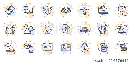 Outline set of Payment card, Bureaucracy and Leaves line icons for web app. Include New house, Lotus, Question button pictogram icons. Presentation, Bitcoin, Teamwork signs. Lgbt. Vector 116576916