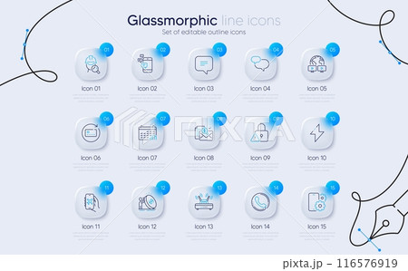 Set of Calendar graph, Energy and Lock line icons for web app. Wifi, Inspect, Phone service icons. Accounting report, Chat message, Renew card signs. Video conference, Communication. Vector 116576919
