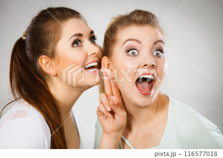 Two women telling gossip Two women telling gossip 116577018