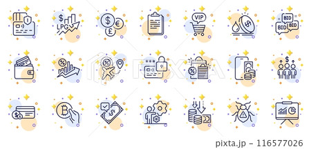 Outline set of Phone pay, Meeting and Vip shopping line icons for web app. Include Bid offer, Deflation, Clipboard pictogram icons. Shopping bags, Accepted payment, Debit card signs. Vector Outline set of Phone pay, Meeting and Vip shopping line icons for web app. Include Bid offer, Deflation, Clipboard pictogram icons. Shopping bags, Accepted payment, Debit card signs. Vector 116577026