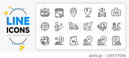 Cash transit, Delivery truck and Parcel tracking line icons set for app include Petrol station, Parking, Car charging outline thin icon. Supply chain, Fragile package. Vector 116577036