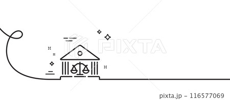 Court building line icon. Continuous one line with curl. Justice scale sign. Judgement law symbol. Court building single outline ribbon. Loop curve pattern. Vector Court building line icon. Continuous one line with curl. Justice scale sign. Judgement law symbol. Court building single outline ribbon. Loop curve pattern. Vector 116577069