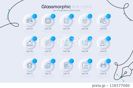 Set of Laptop, Food app and Smartphone holding line icons for web app. Pay, Augmented reality, Users icons. Add handbag, Phone download, Musical note signs. Security lock, Cpu processor. Vector 116577080